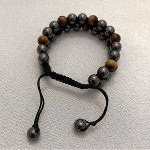 Size Adjustable Beaded Unisex Bracelet Brown Stone Black and Metal Beads
